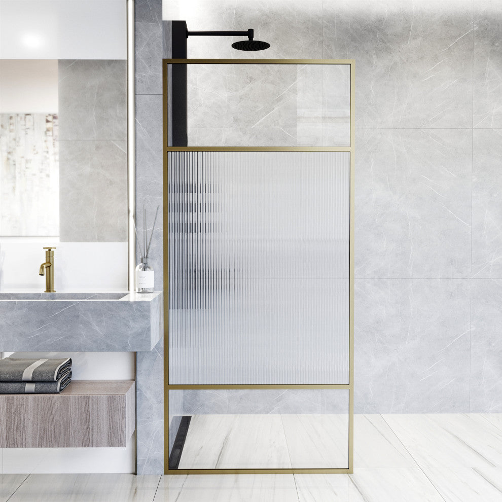 VIGO Essex 34" W x 74" H Framed Fixed Shower Screen with Fluted Glass, Matte Brushed Gold
