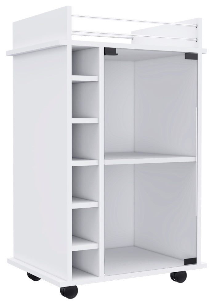 Vegas Retro Modern Two Tier Bar Cart with Glass Door & Six Liquor Cubbies, White