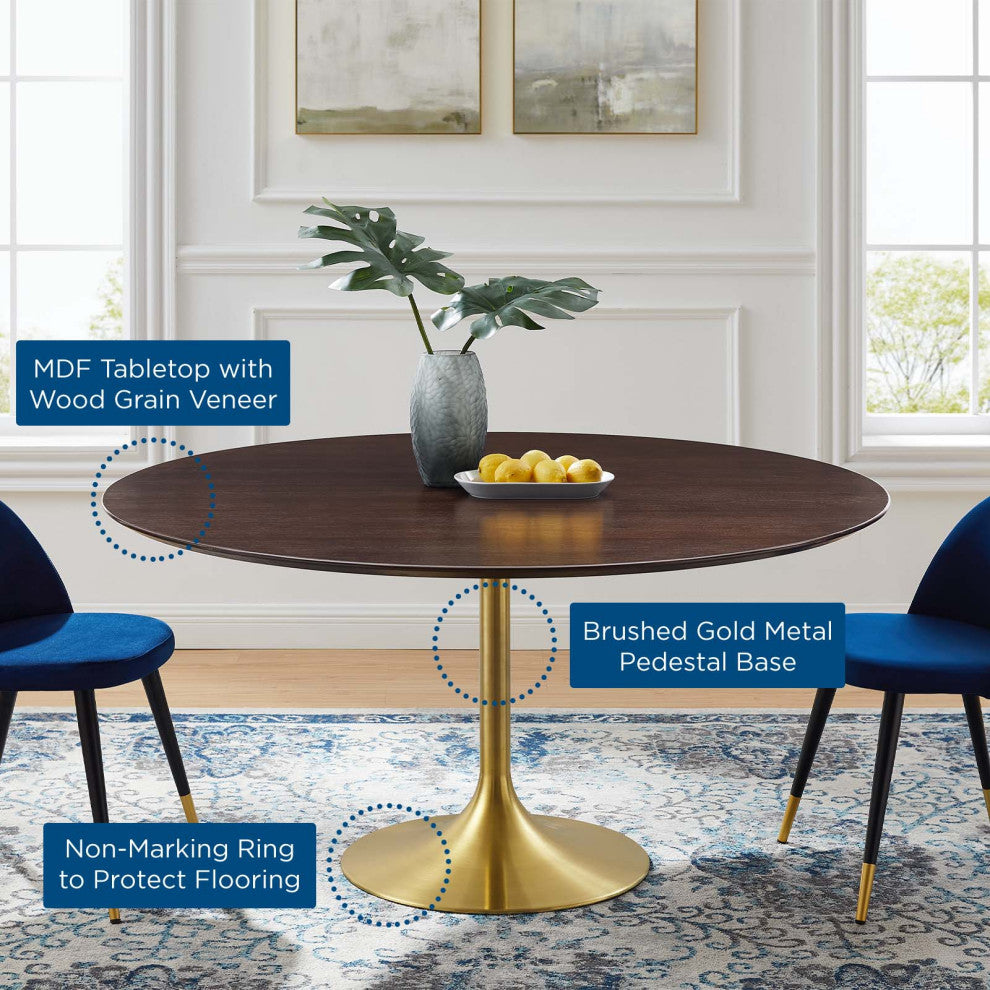 Dining Table, Round, Wood, Gold Dark Brown Brown Walnut, Cafe Bistro Restaurant