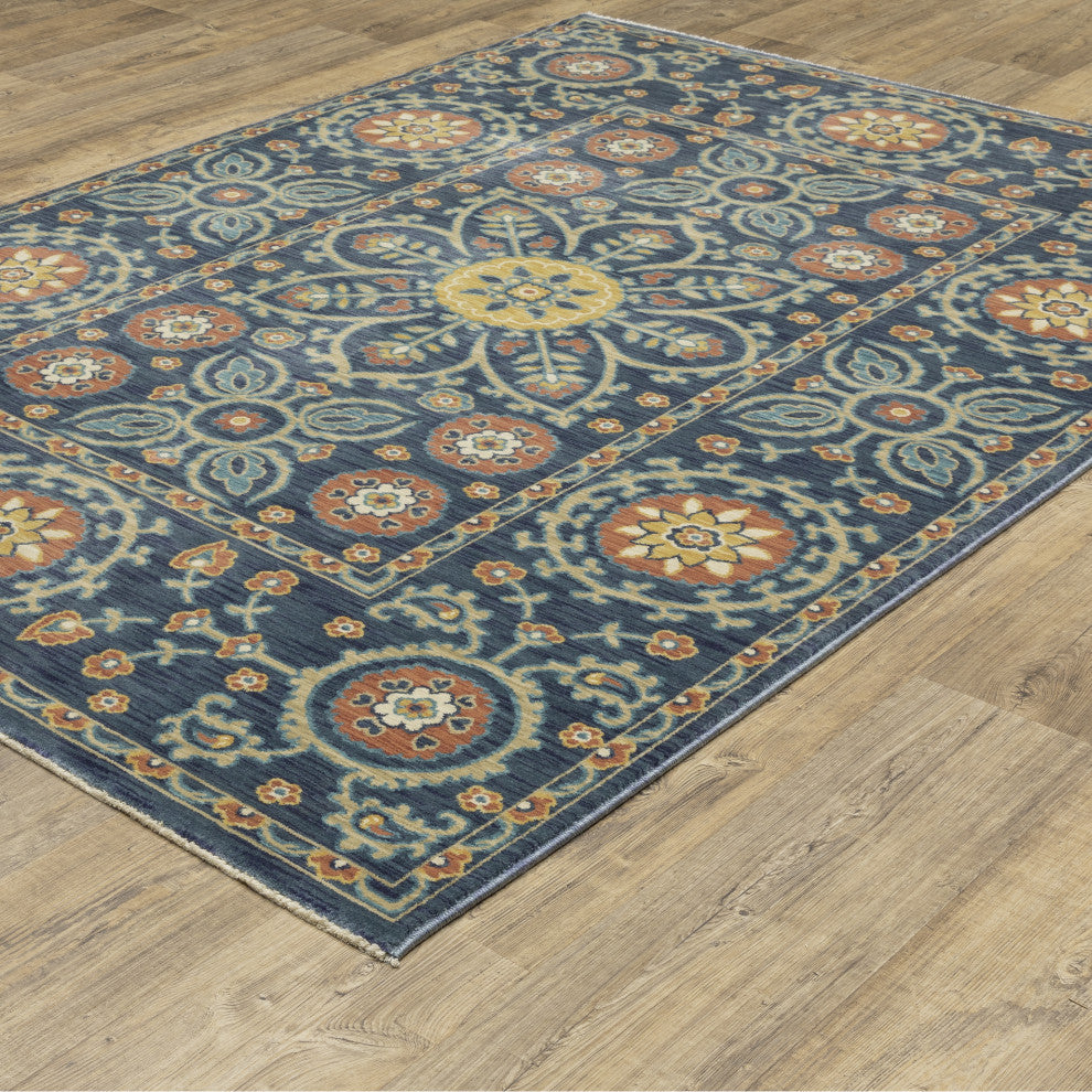 Fabienne Spiral Border Indoor Blue/Rust Area Rug, Blue, 9'10"x12'10"