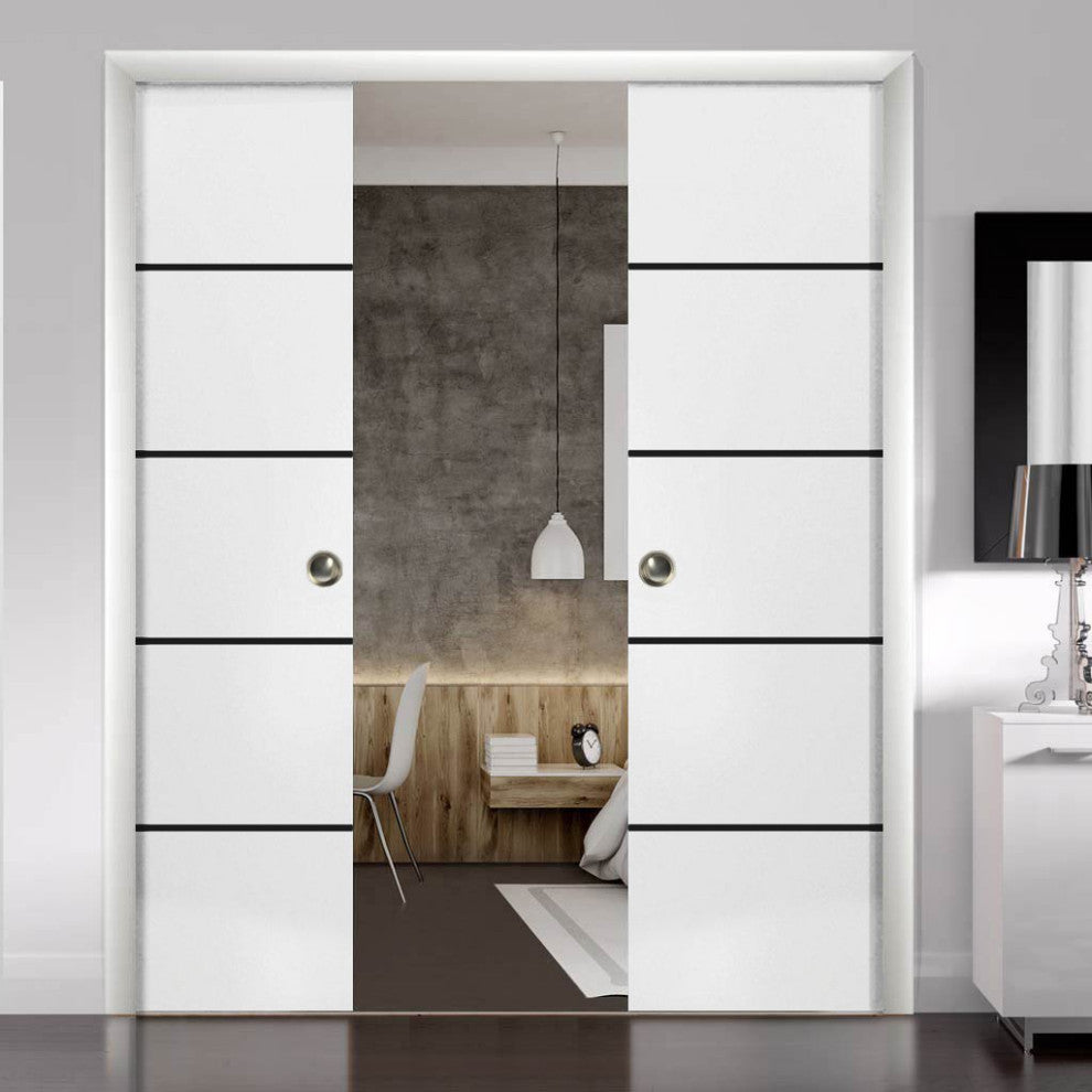 French Double Pocket Doors 56x84 | Planum 0015 White Silk | Kit Trims Rail