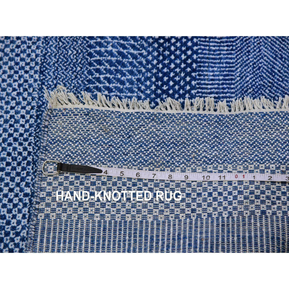 Penn Blue Modern Grass Dyed Wool and Silk Hand Knotted Runner Rug, 2'7"x11'11"