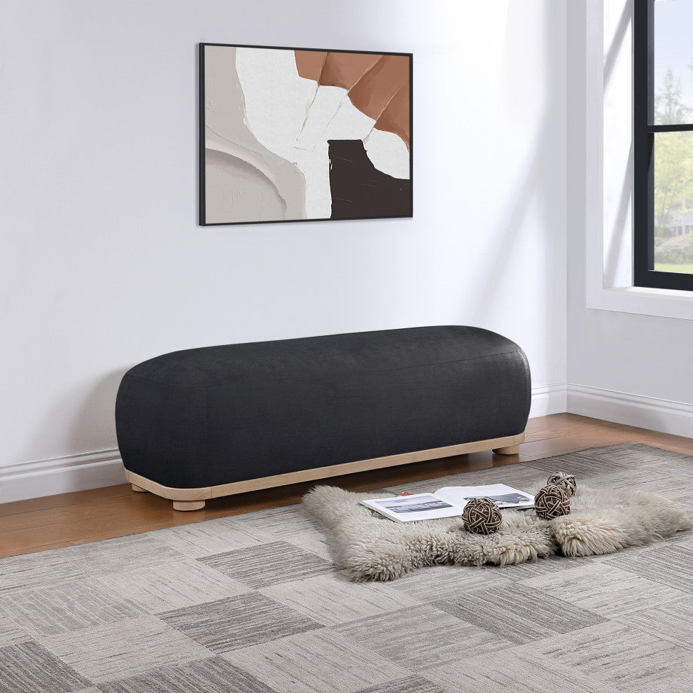 Calum Upholstered Bench, Black, Chenille Fabric, Natural Finish