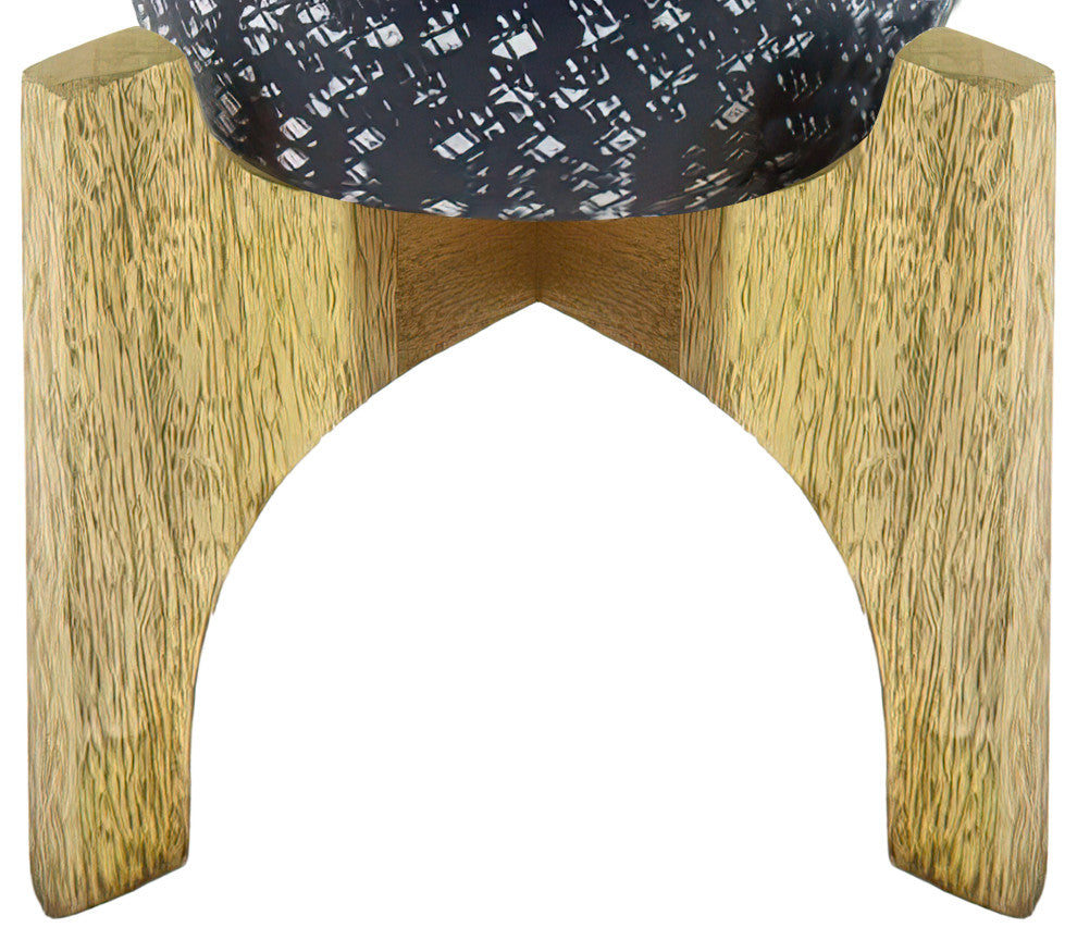Benzara UPT-272900 Round Hammered Metal Planter Pot With Wood Arch Stand, Blue