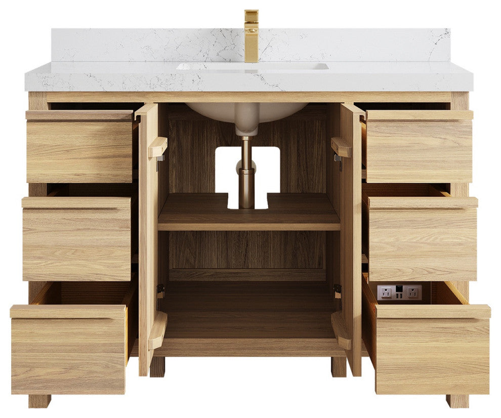 Elizabeth Oak 48" Single Sink Vanity, White 2" Empira Quartz