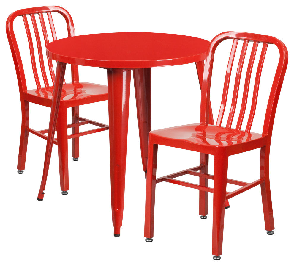 30" Round Red Metal Indoor-Outdoor Table Set with 2 Vertical Slat Back Chairs