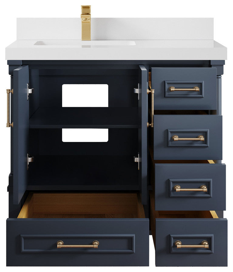 Aberdeen 36 Left Offset Bath Vanity in Hale Navy Blue  2" White Quartz