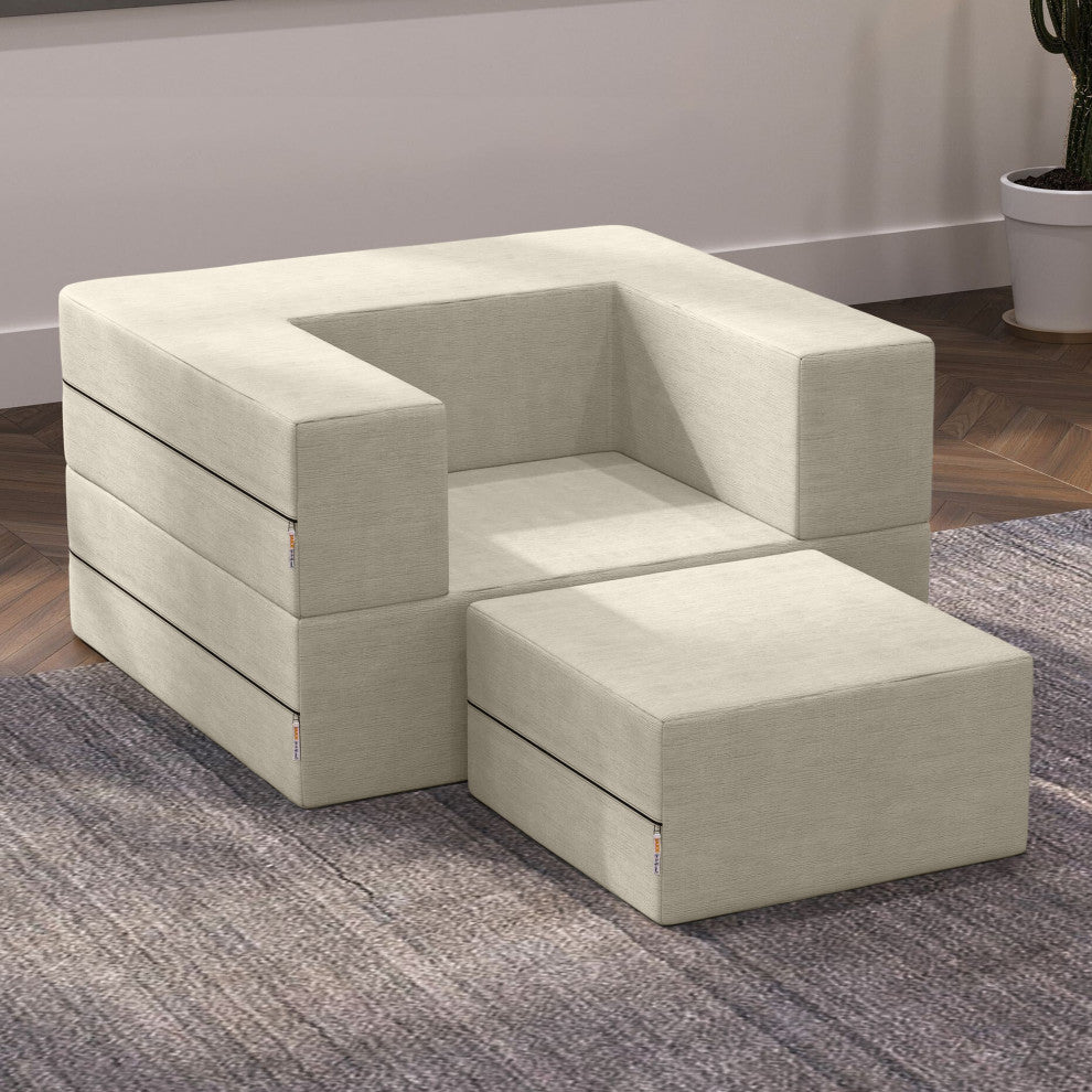 Jaxx Zipline Convertible Sleeper Chair & Ottoman / Twin-Size Bed, Ivory