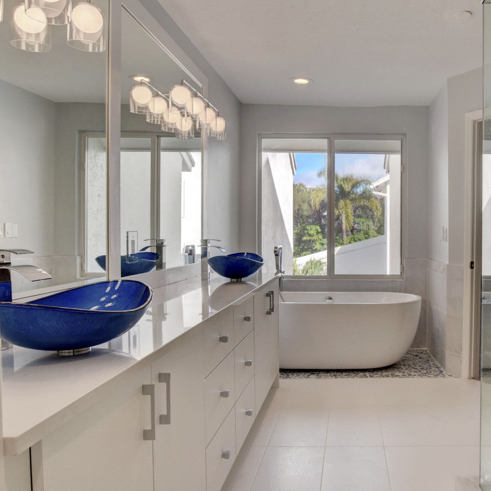 Azzurro Blue Foiled Oval Glass Vessel Bathroom Sink w/ Drain, TIG-S132-8031, Chrome