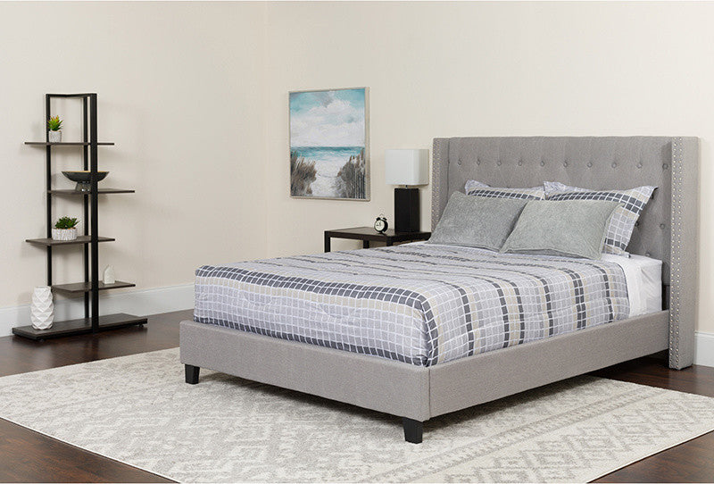 Twin Size Tufted Platform Bed in Light Gray Fabric with Memory Foam Mattress