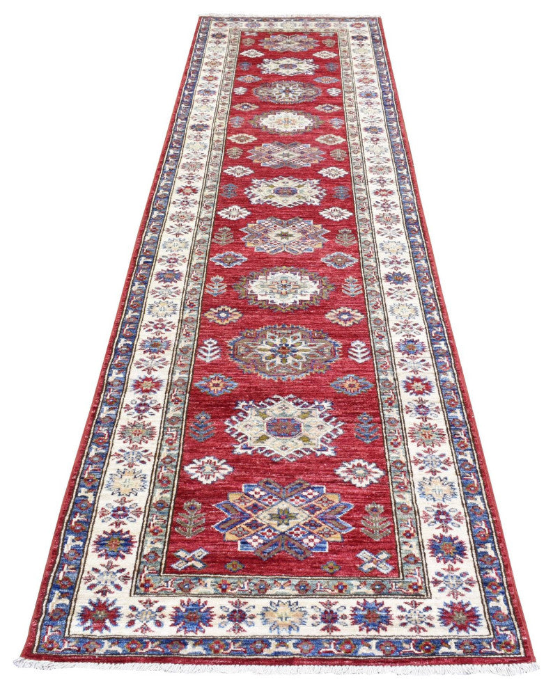 Red Hand Knotted Wool, Super Kazak Geometric Medallion, Runner Rug, 3'0"x11'0"