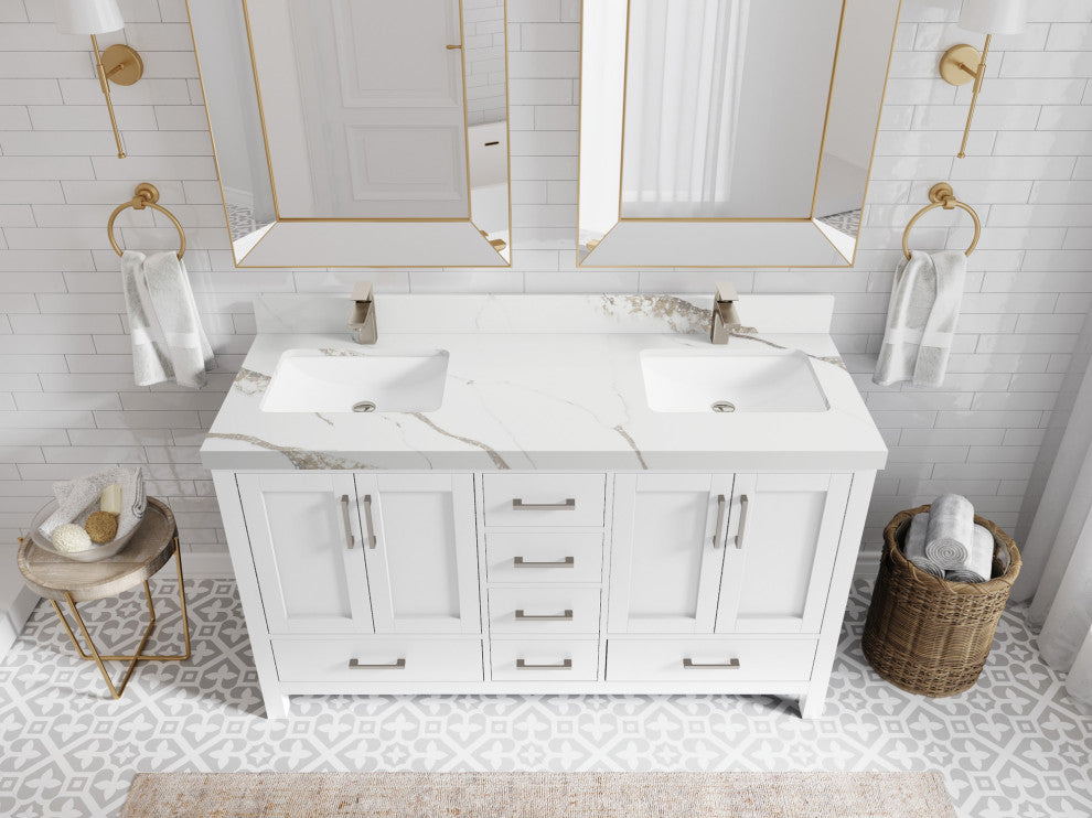 Malibu 60 Double Sink Bathroom Vanity in White  2" Calacatta Gold