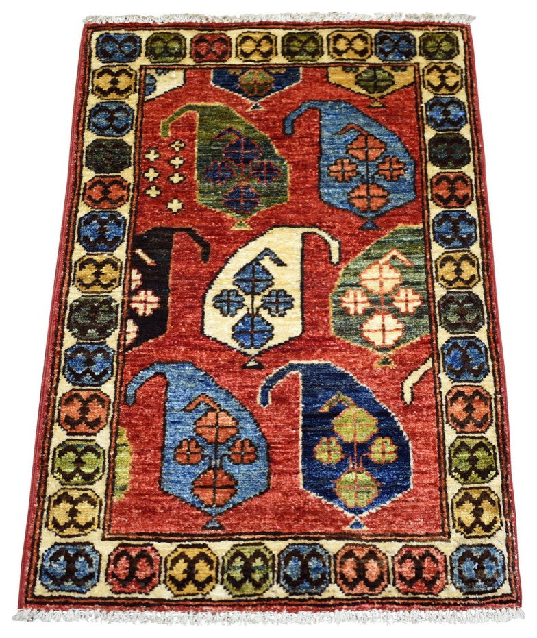 Brick Red Afghan Ersari with Boteh Design Soft Wool Hand Knotted Rug 1'10"x3'0"