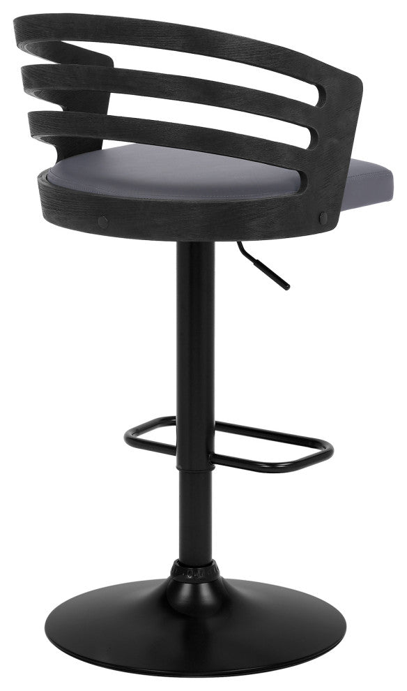 Adele Adjustable Height Swivel Gray Faux Leather and Black Wood Bar Stool