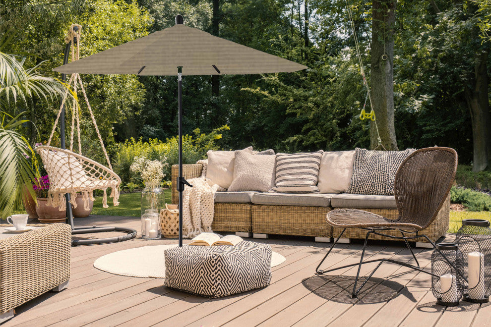 9' Round Push Tilt Market Umbrella, Black Frame, Sunbrella, Taupe