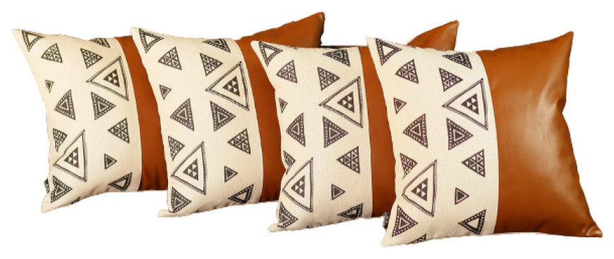 Set of 4 Triangle and Brown Faux Leather Pillow Covers
