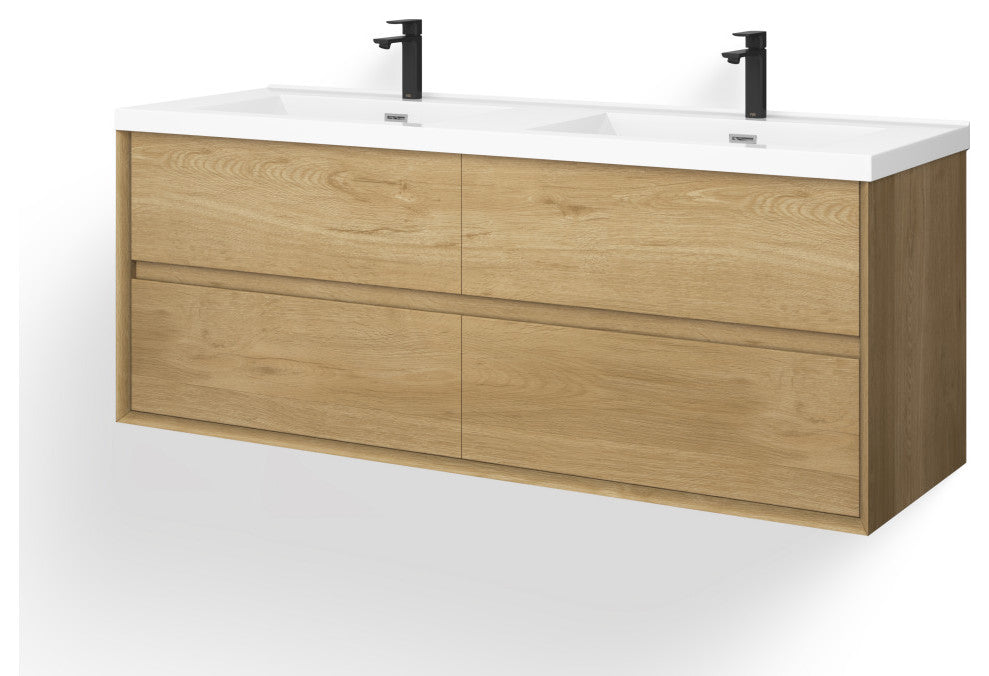 The Daria Bathroom Vanity, White Oak, 60", Double Sink, Wall Mount