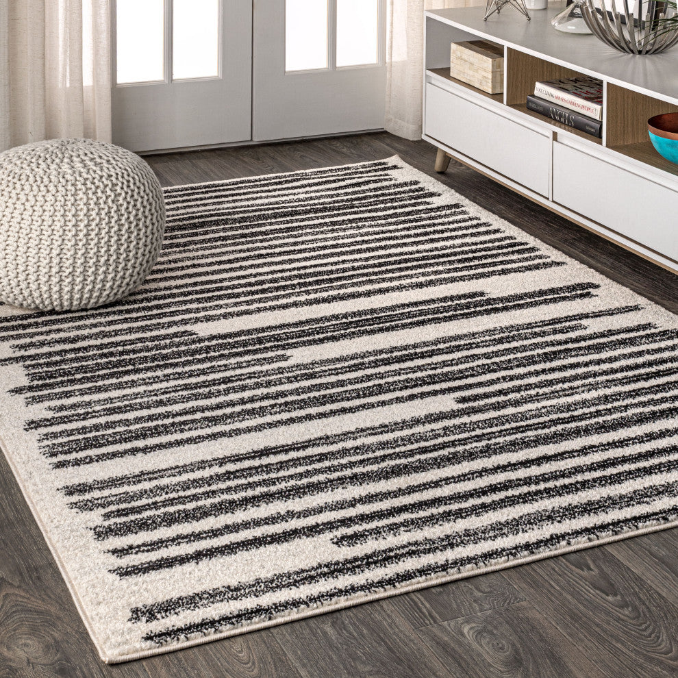 Khalil Modern Berber Stripe Area Rug, Cream/Black, 2 Ft. X 14 Ft.