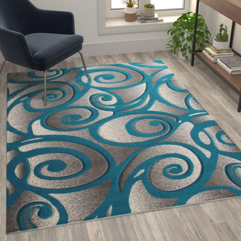 Angie Collection Modern Rectangle 5' x 7' High-Low Pile Swirled Area Rug, Turquo
