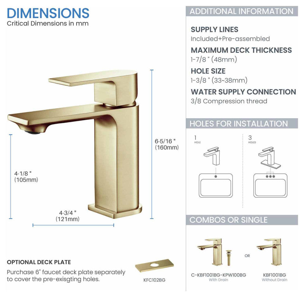 KIBI Mirage Single Handle Bathroom Faucet, Brush Gold, With Drain