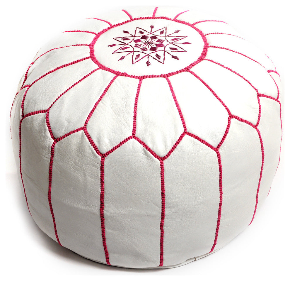 Moroccan Leather Pouf, White With Fuchsia Stitching