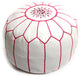 Moroccan Leather Pouf, White With Fuchsia Stitching
