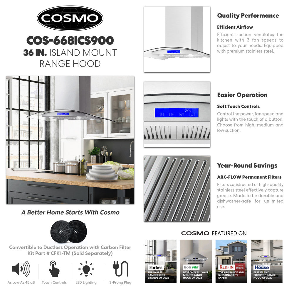 Cosmo 380 CFM Euro Stainless Steel Island Glass Range Hood With Permanent Filter