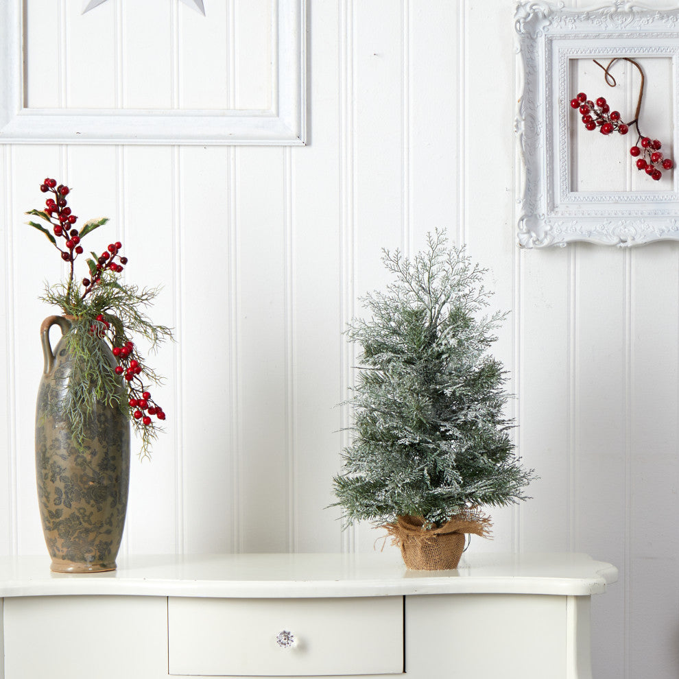 2' Winter Frosted Artificial Christmas Tree With 35 LED Lights, Burlap Base