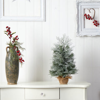 2' Winter Frosted Artificial Christmas Tree With 35 LED Lights, Burlap Base
