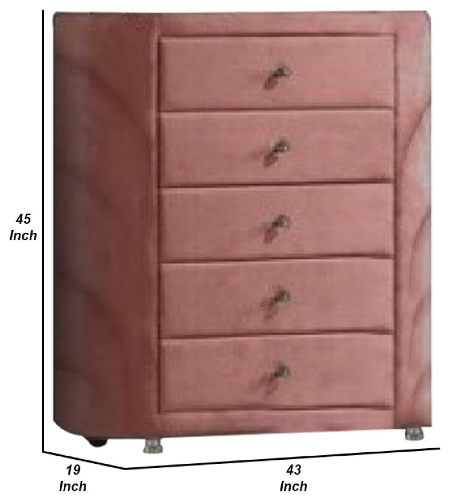 Benzara BM275663 Tall Dresser Chest, 5 Drawers, Round Metal Knobs, Velvet, Pink