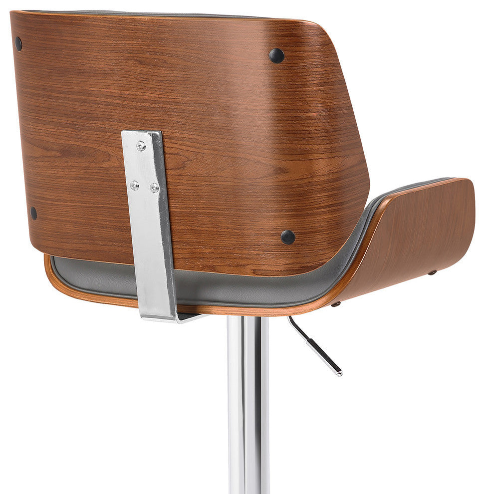 London Contemporary Swivel Bar Stool, Gray Faux Leather/Chrome Base/Walnut Wood