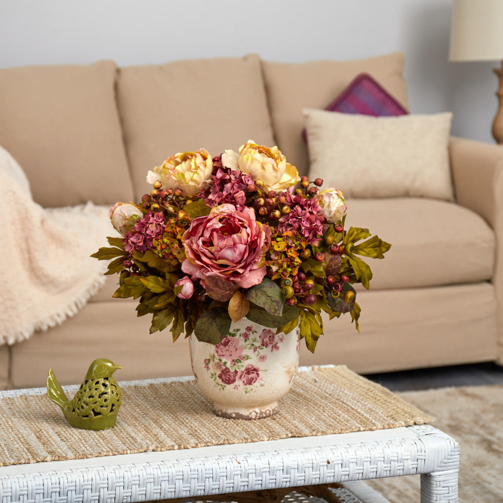 16" Peony Artificial Arrangement, Floral Vase