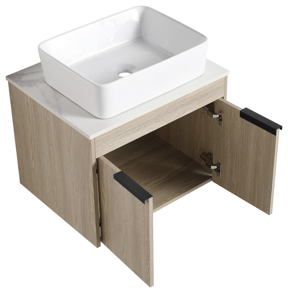 Wall-Mounted Bath Vanity, White Oak, White Ceramic Vessel Sink