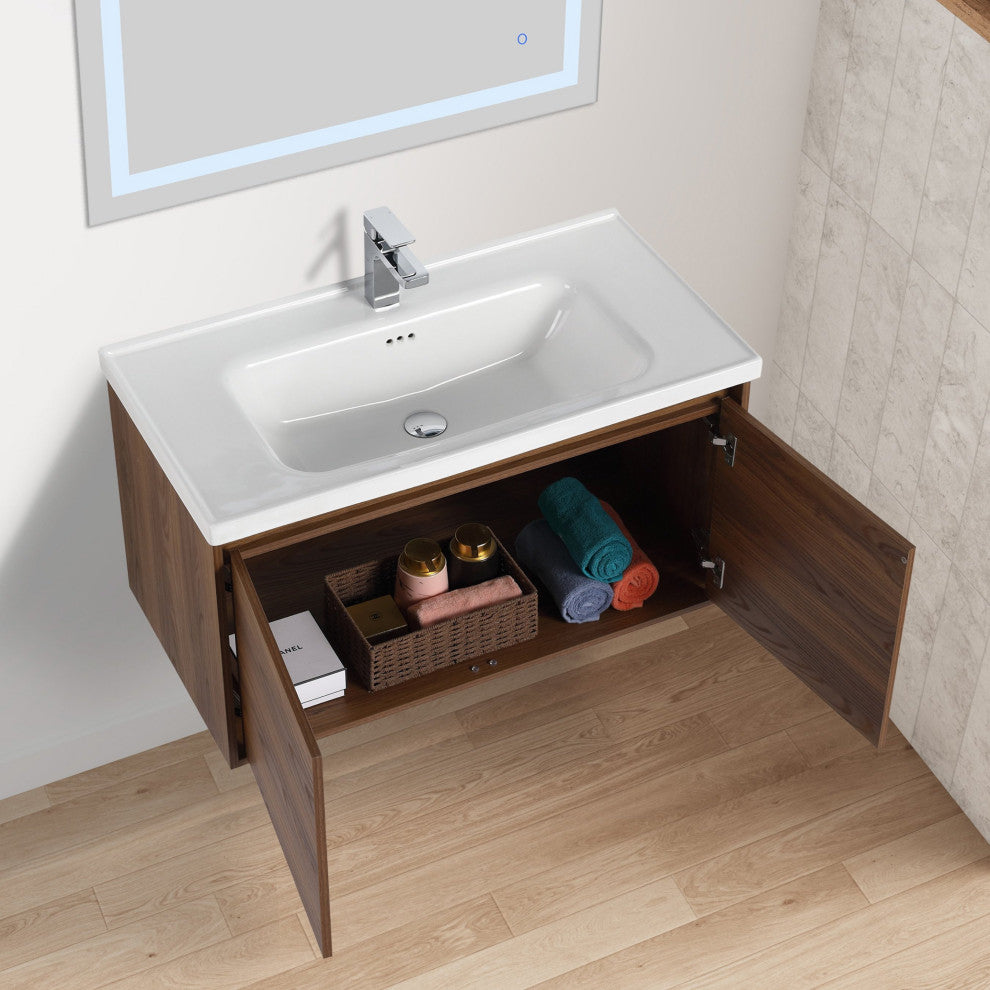 Wall Mounted Bathroom Vanity, Brown Walnut, 36" W/ Sink