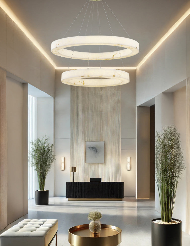 LumenAria Medley 42" LED Two-Tier Ring Pendant Faux Alabaster Shade