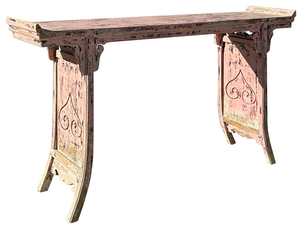 Vintage Chinese Distressed Pink Flare Legs Console Altar Table Hws4390