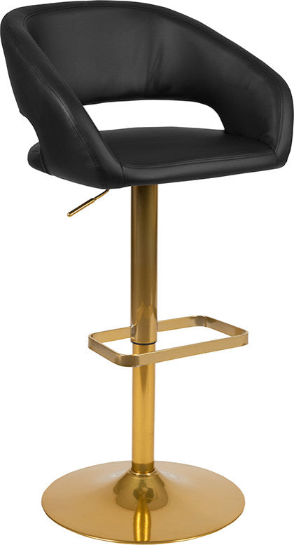 Black Vinyl Adjustable Barstool with Rounded Mid-Back and Gold Base