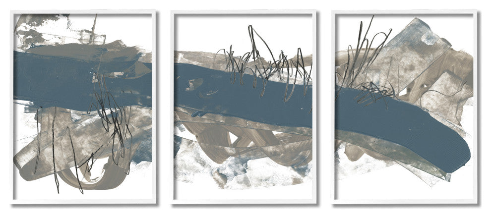 Abstract Line Painting Bold Blue Busy Grey Movement,3pc, each 24 x 30
