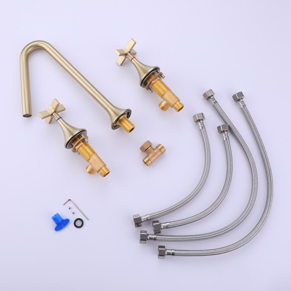 Deck Mounted Dual Cross Handles Bathroom Sink Faucet, Brushed Gold