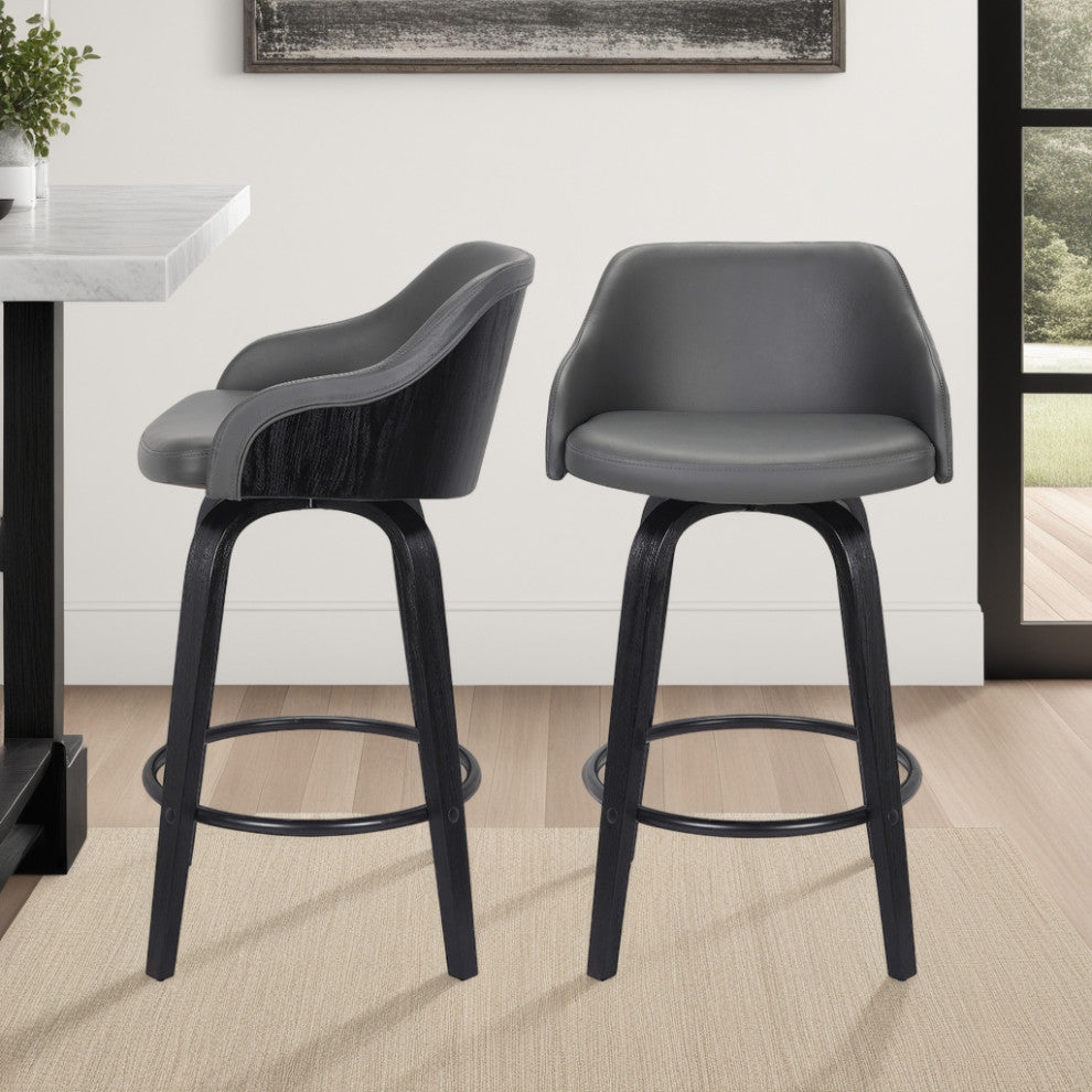Alec Black Brush Wood Finish & Gray Faux Leather Bar Stool, Barstool