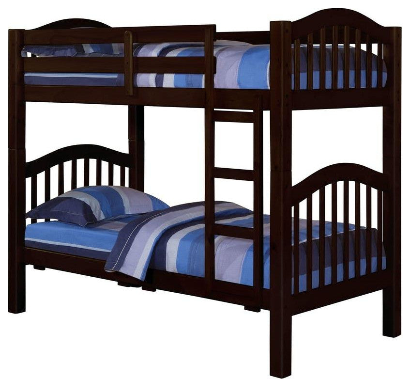 HomeRoots 80" X 43" X 69" Espresso Pine Wood Twin Over Twin Bunk Bed