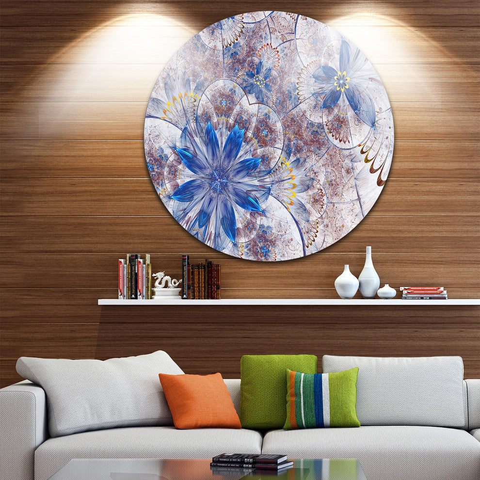 Blue Brown Grungy Floral Shapes, Floral Large Disc Metal Wall Art, 11"