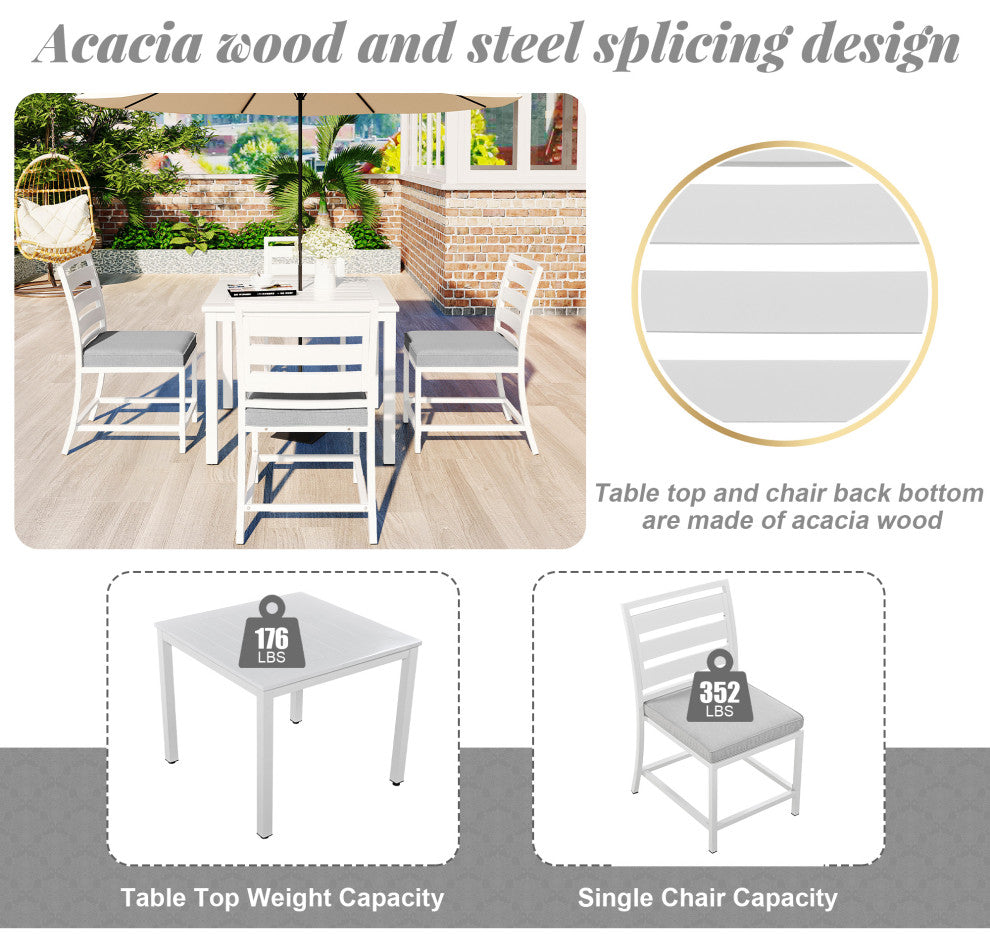5-Piece Outdoor Steel Patio Dining Set with table and four chairs, White