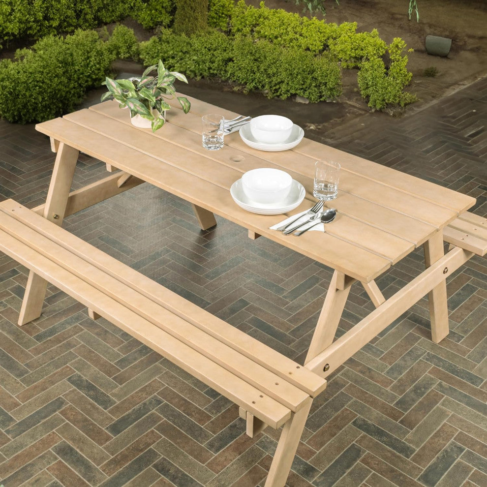 Eucalyptus Wood Outdoor Dining Set with Table, Umbrella Hole and Benches, Light Teak