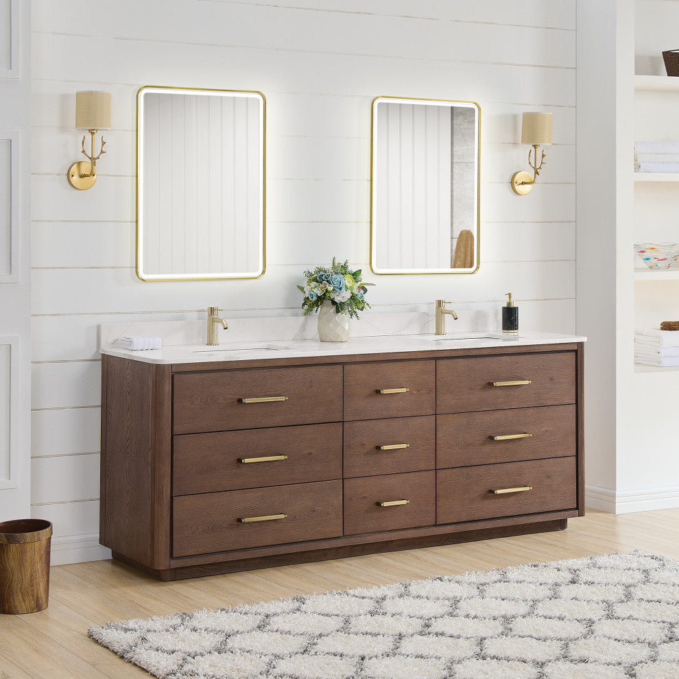 Porto Bath Vanity with White Quartz Stone Top, Dark Brown Oak, 84 in., No Mirror