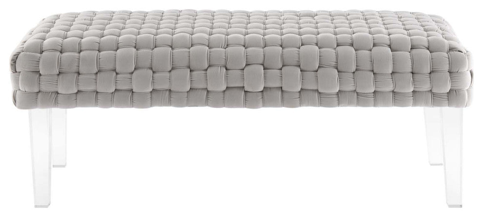 Ottoman Bench, Gray, Velvet, Modern, Mid Century Hotel Lounge Cafe