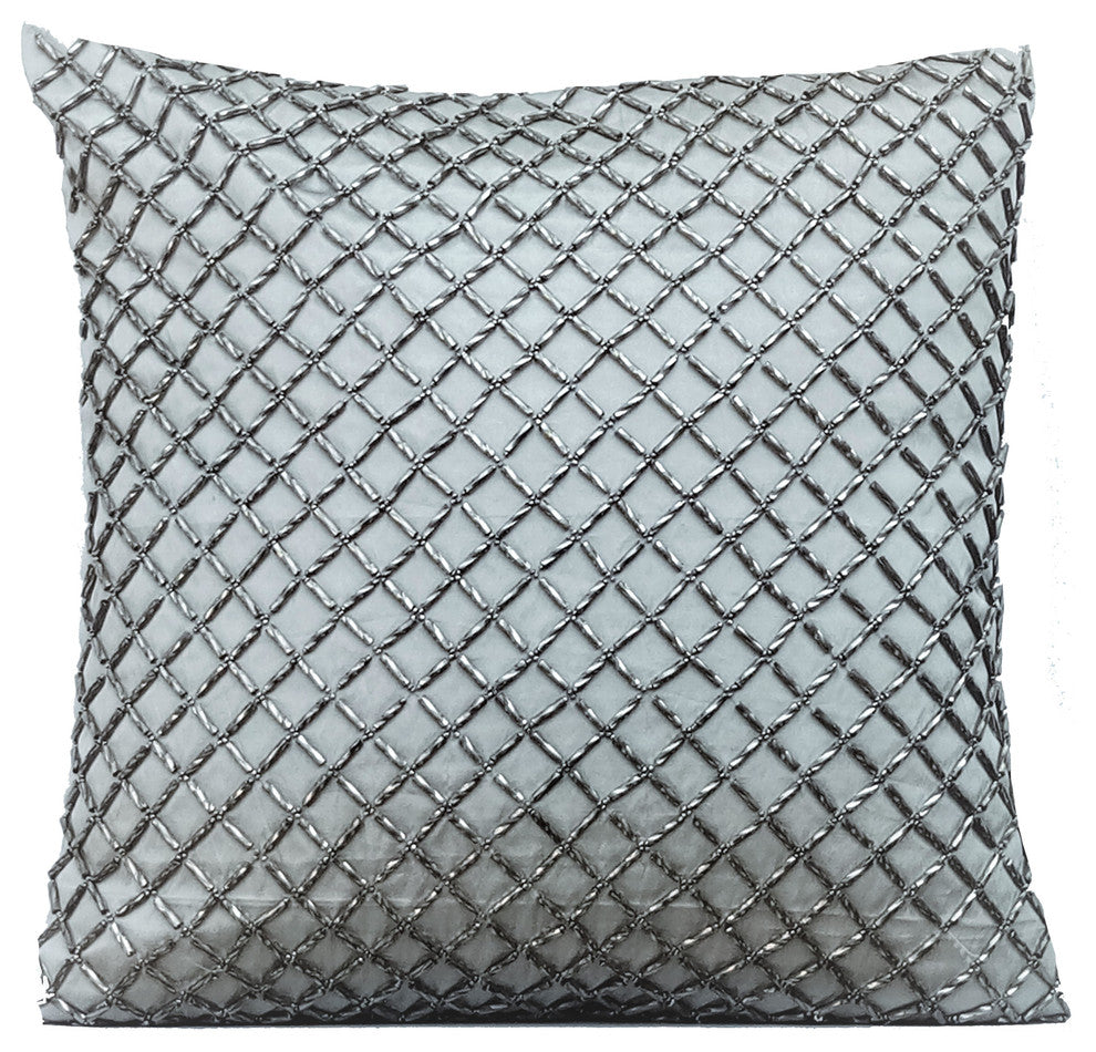 Gray Decorative Pillow Covers 22"x22" Silk, Silver Checkered