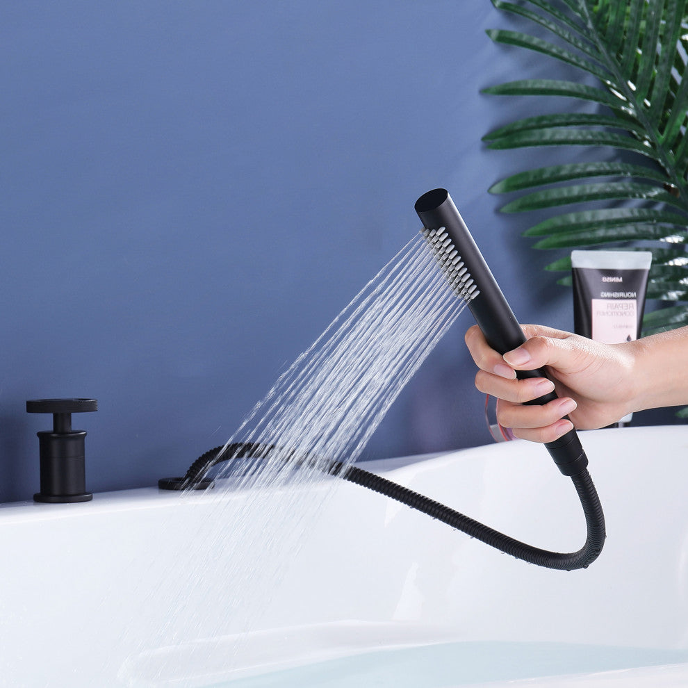 Modern 3-Handle Deck Mounted Roman Tub Faucet With Handshower, Matte Black