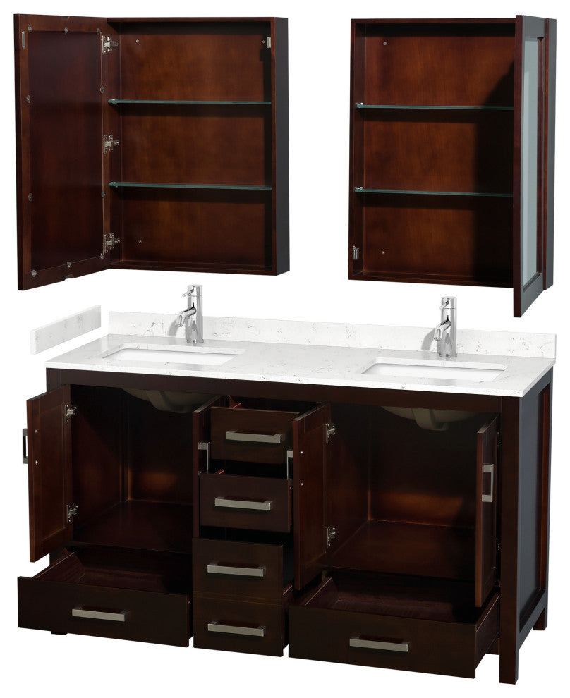 60"DBL Vanity Espresso, Carrara Cult. Marble Countertop, Sinks, Med. Cabinets