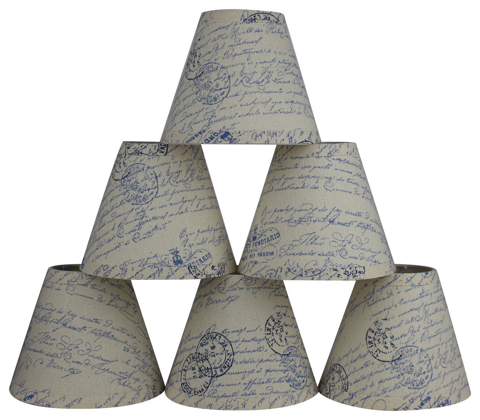 3x6x5" Linen Chandelier Lamp Shade, Natural With Blue Vintage Script, Set of 6